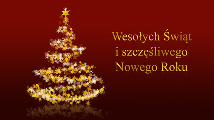 Christmas tree with glittering stars on red background, polish seasons greetings