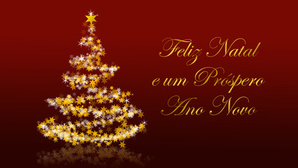 Naklejka na ściany i meble Christmas tree with glittering stars on red background, portuguese seasons greetings
