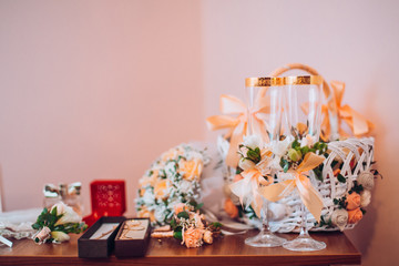 Beautiful bridal accessories for brides during fees. Dressing table.