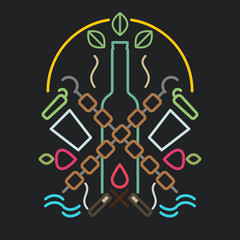 Abstract composition with vodka bottle, barbecue and other traditional elements russian holidays. Vector illustration in thin line style.
