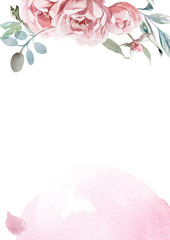 watercolor pink, rose peonies with gray grass on white background for greetings card