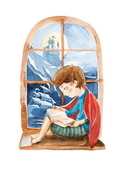 Watercolor illustration. The boy with book dreaming about a big ship, sea and castle