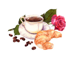 Cup of coffee, rose flower and croissant. Watercolor