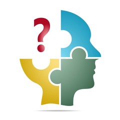 The colored human head composed of blue, yellow and green puzzle pieces with red question mark with gray shadow below the head on a white background. Human head composed of geometric elements 
