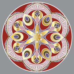 Drawing of a floral mandala in red, gold and pink colors on a gray background. Hand drawn tribal vector stock illustration