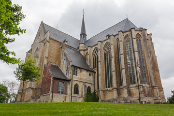 Famous medieval Saint Peter Church in Leuven with spring green lawn on foreground, Belgium