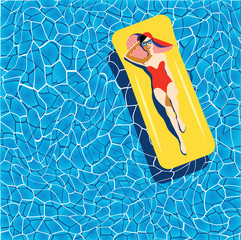 Beautiful young woman tanning in the pool, with sunglasses, hat, retro style. Pop art. Summer holiday. Vector eps10 illustration  - 158836907