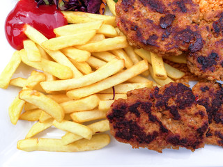 juicy steak beef meat with tomato and french fries