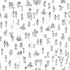 Seamless pattern of tiny people: pedestrians in the street, a diverse collection of small hand drawn men and women walking through the city - 158837337