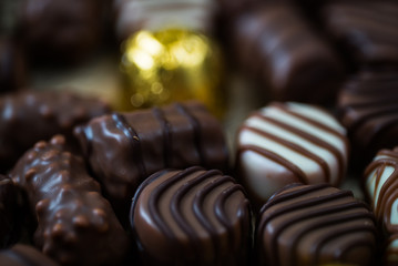 Variety of sweet homemade chocolate pralines and chocolate bars