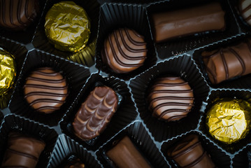 Variety of sweet homemade chocolate pralines and chocolate bars