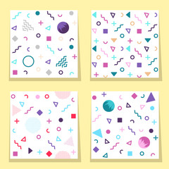 Set of  four white avant-garde seamless patterns with colorful shapes.