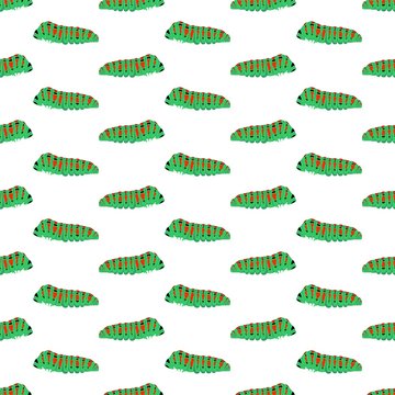 Summer background with green caterpillars with red and black spots in a row next to each other and alternately under each other on a white background. Walking insects with legs and eye 