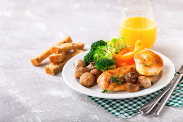 Healthy lunch - chicken fillet, mushrooms, broccoli and paprika. Selective focus. Copy space