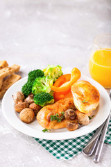 Healthy lunch - chicken fillet, mushrooms, broccoli and paprika. Selective focus. Copy space