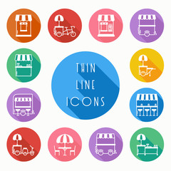 Street food retail thin line icons set. Food truck, kiosk, trolley, wheel market stall, mobile cafe, shop, tent, trade cart. Vector style linear icons. Isolated illustration. Symbols silhouette