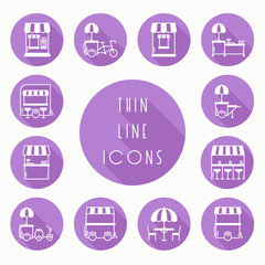 Street food retail thin line icons set. Food truck, kiosk, trolley, wheel market stall, mobile cafe, shop, tent, trade cart. Vector style linear icons. Isolated illustration. Symbols silhouette