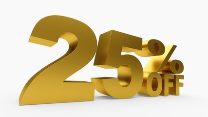 3D rendering golden discount 25 percent off on white background