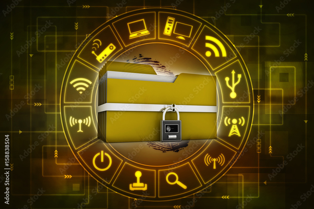 Poster yellow folder and lock. data security concept. 3d rendering