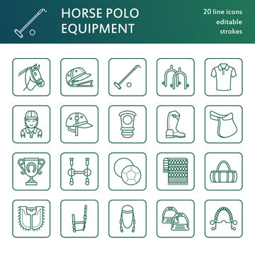 Horse polo flat line icons. Vector illustration of horses sport game, equestrian equipment - saddle, leather boots, harness, spurs. Linear signs set, championship pictograms for event, gear store.