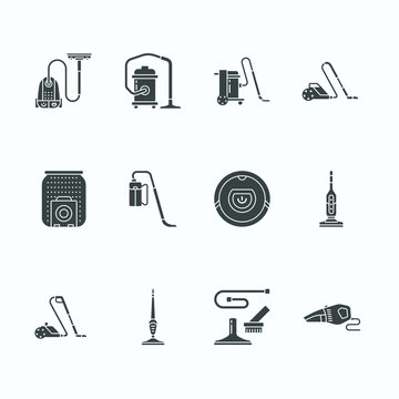 Vacuum cleaners flat glyph icons. Different vacuums types - industrial, household, handheld, robotic, canister, wet dry. Signs for housework equipment shop.