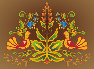 Folk ornament with cute doves on a dark background