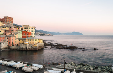 Fototapeta na wymiar Boccadasse, a small sea district of Genoa, during the twilight