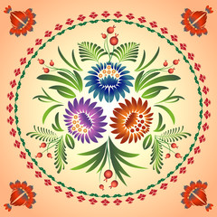  Folk ornament with summer flowers in round shape