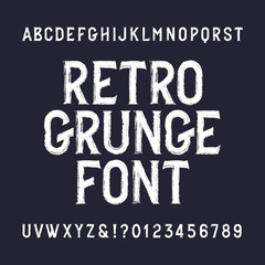 Retro grunge alphabet font. Distressed letters and numbers. Vintage vector typeface for your design.