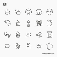 Set of tea and tea drinking related thin line icons. Vector illustration.