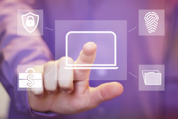 Businessman pressing button media connection computer virtual icon