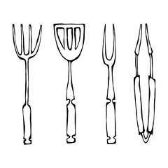 Baking Equipment or Barbeque Tools. Tongs for BBQ, Fork and Spatula. Isolated On a White Background. Realistic Doodle Cartoon Style Hand Drawn Sketch Vector Illustration.