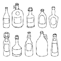 Set of Vintage Beer and Vine Bottles. Isolated On a White Background. Realistic Doodle Cartoon Style Hand Drawn Sketch Vector Illustration.