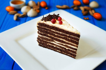 Piece of chocolate layered cake with butter cream