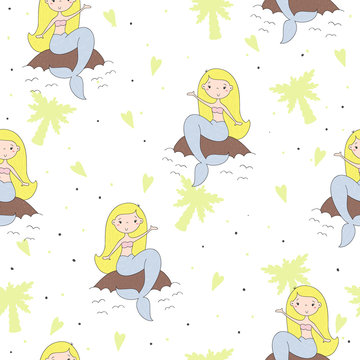 Seamless pattern with Hand drawn vector little mermaid