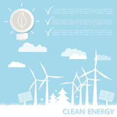 Clean energy concept windmills and solar panels. Template with space for text