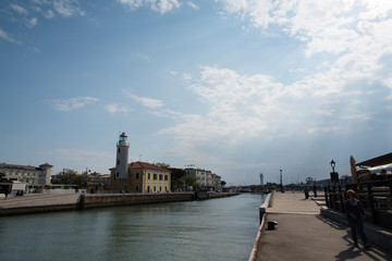 Lighthouse and entrance to the port of Cesenatico. Rivera Romagnola