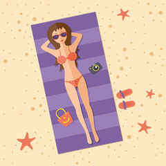 Woman In Bikini On Beach Over, Sexy Girl In swimsuit, Summer Sea, ocean Vacation. Sunbath on hot sand in the tropics. Flat Vector Illustration