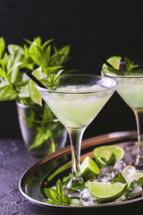 Classic daiquiri cocktail with lime, ice and mint