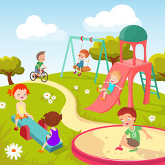 Fototapeta premium Cute children at playground. Happy children playing in summer park vector background
