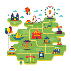 Family fun amusement park vector map. Entertainment in vacation vector background