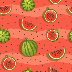 Cartoon pattern of watermelon and slices, Vector Seamless background