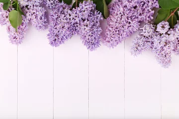 Photo sur Plexiglas Lilas Printemps belles fleurs lilas sur fond de bois blanc. Vue de dessus avec fond, mise à plat.