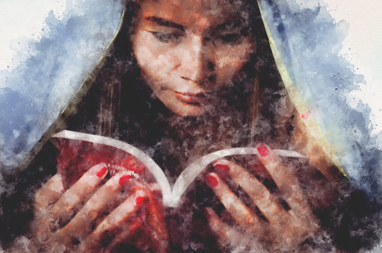 Praying woman. Asian buddhist woman reads a book. Digital effect of water paint or Aquarelle