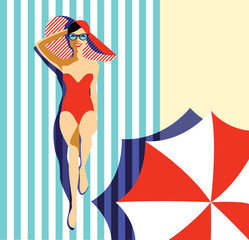 Beautiful young woman tanning at the beach, with sunglasses, hat, retro style. Pop art. Summer holiday. Vector eps10 illustration  - 158847576