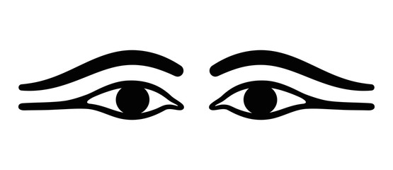 Ancient Egypt eyes with long eye lids. Black eyeliner makeup with almond eye look. Makeup, used by men and women, made with kohl and to prevent ocular infections. Black and white illustration. Vector.
