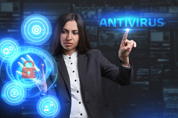 The concept of business, technology, the Internet and the network. A young entrepreneur working on a virtual screen of the future and sees the inscription: Antivirus