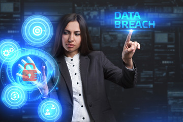 The concept of business, technology, the Internet and the network. A young entrepreneur working on a virtual screen of the future and sees the inscription: Data breach