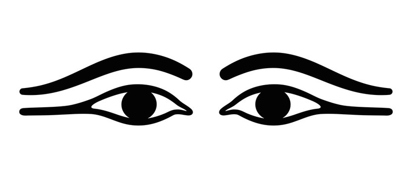 Ancient Egypt eyes with long eye lids. Black eyeliner makeup with almond eye look. Makeup, used by men and women, made with kohl and to prevent ocular infections. Black and white illustration. Vector.