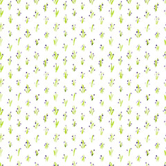 Calico watercolor bluebell pattern. Fantastic seamless cute small flowers for fabric design. Calico pattern in country stile. Trendy handpainted millefleurs.